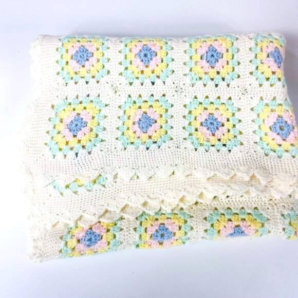 Handmade Crochet Baby Blanket Granny Squares 24" X 40" Pastel Colors Afghan - Picture 1 of 3